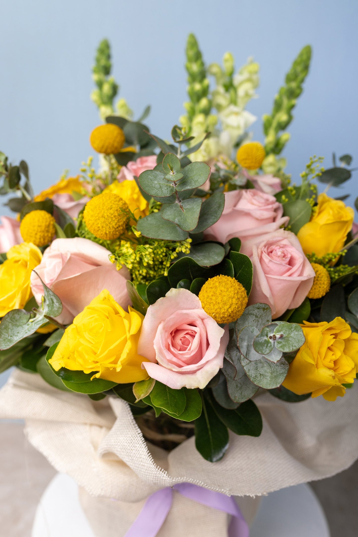 Malibú - Rosa Amarilla y Clarita, Craspedia y Perrito Blanco Cuau. Izc.