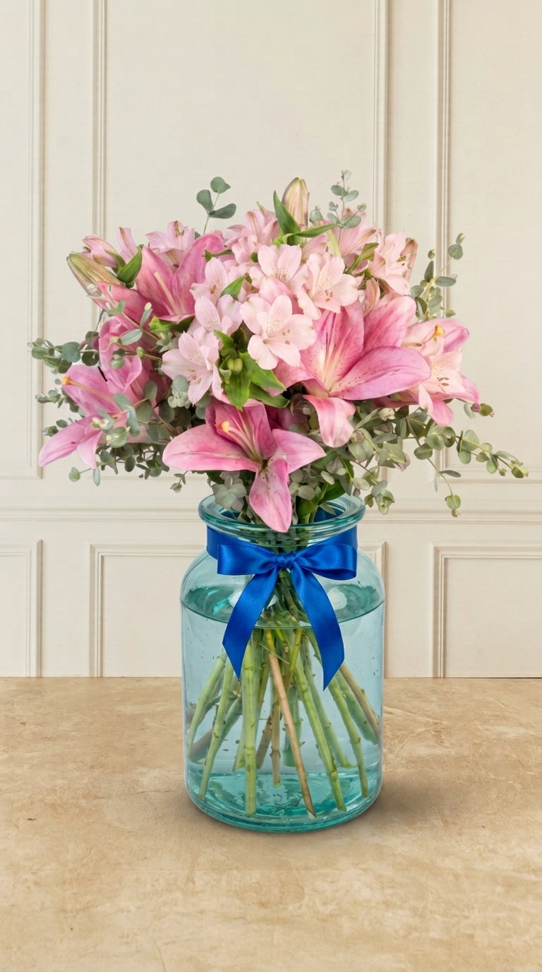 Detalle de 11 Lilys Rosas y Astromelia - En Florero | MJO