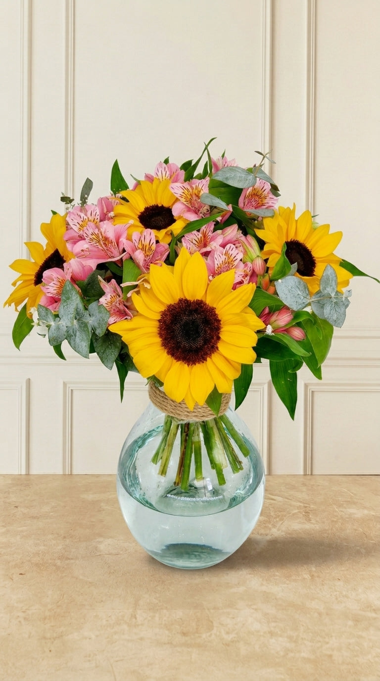 5 Girasoles De Primavera y Astromelia con Eucalipto - En Bombay | MJO