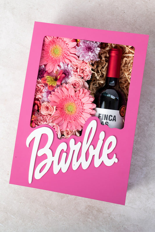 Barbie Girl with Wine - Box of Flowers and Wine