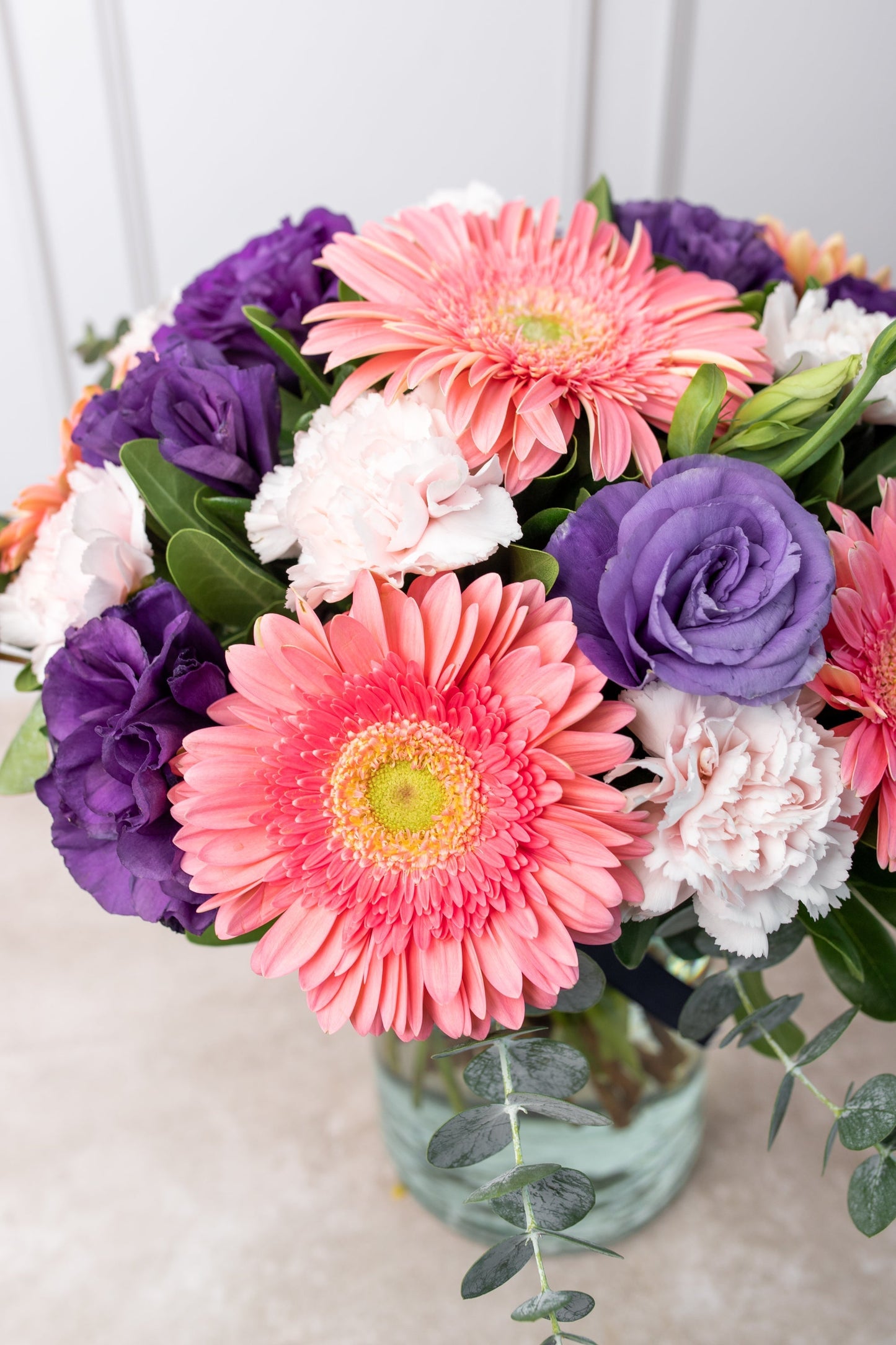 Coral // Pink Gerbera, Purple Lisianthus and Pink Carnation