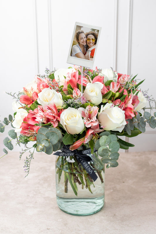 Himalaya - Rosa Blanca y Astromelia Rosa con Foto Personalizada