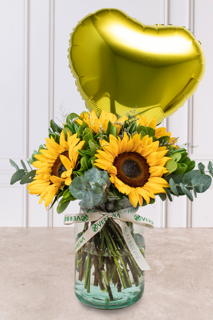 Sonrisa de Sol - Girasoles con Globo Amarillo 21M