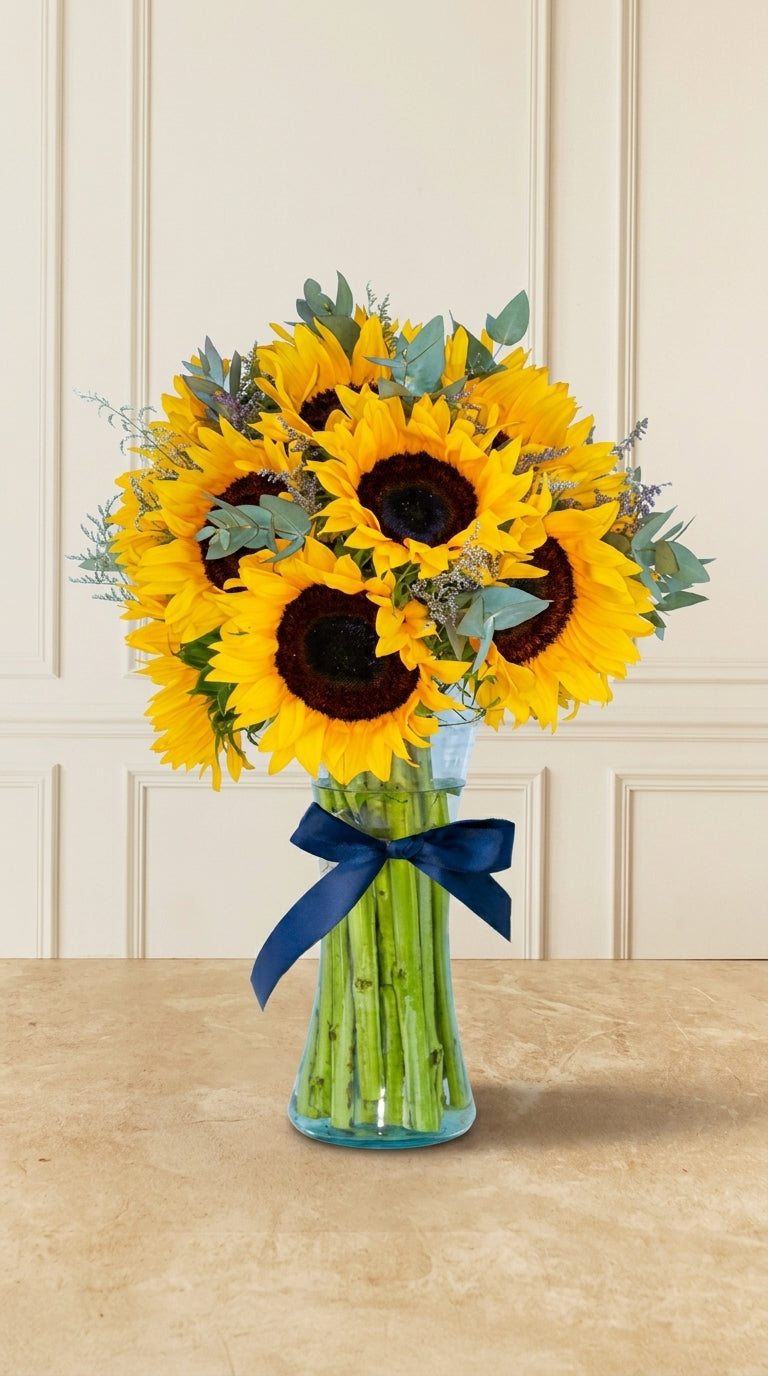 15 Girasoles con Limonium - En Florero D2T | MJO