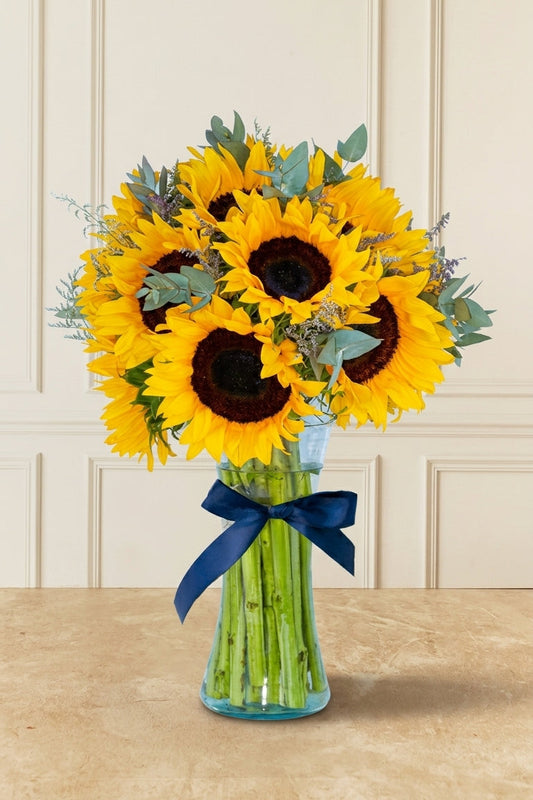 15 Girasoles con Limonium - En Florero D2T | MJO