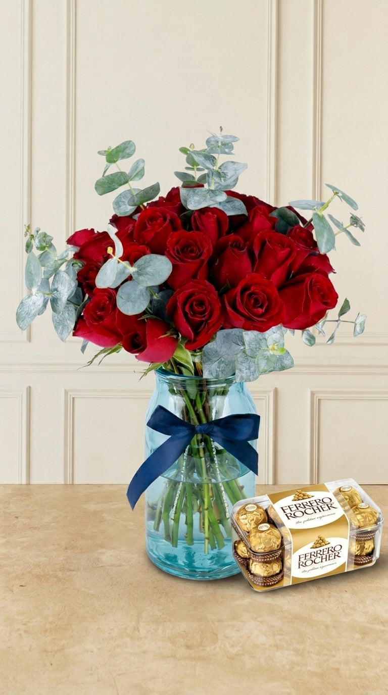 36 Rosas Rojas con Ferrero 16 - En Florero | MJO