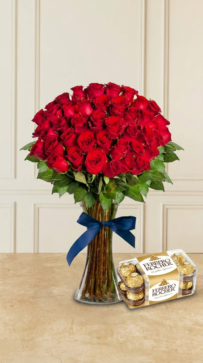 40 Rosas Rojas - En Florero D2T con Ferrero 16 | MJO
