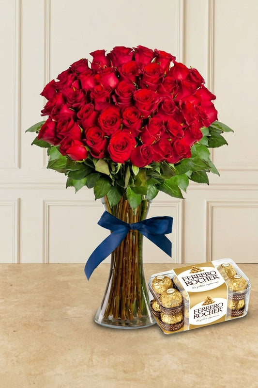 40 Rosas Rojas - En Florero D2T con Ferrero 16 | MJO