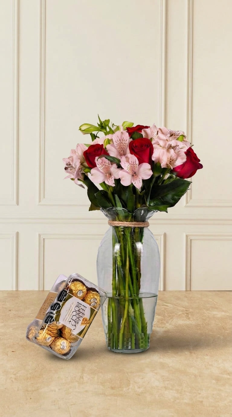 6 Rosas Rojas y Astromelia Rosa con Ferrero 16 - En Barcelo | MJO