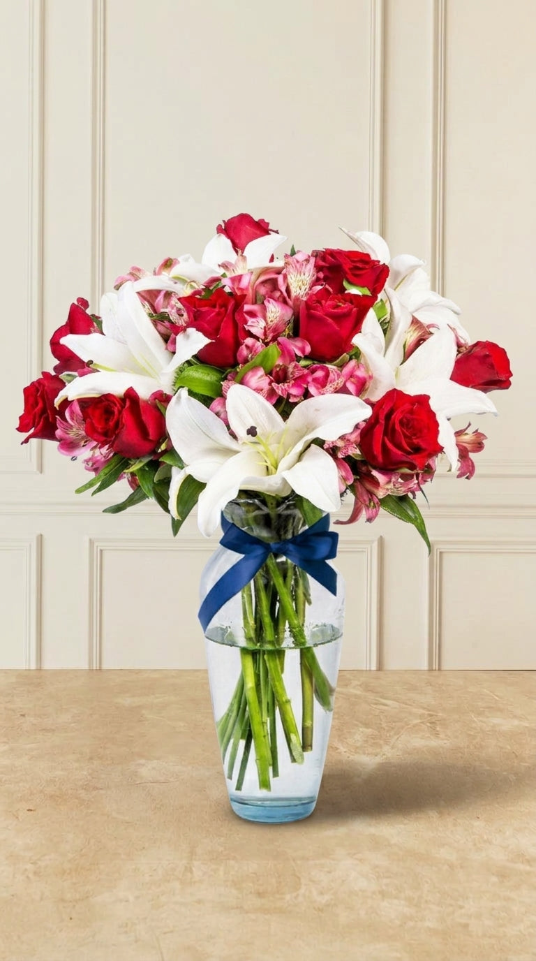 6 Lirios Blancos, 10 Rosas Rojas y Astromelia Rosa - En Barcelo | MJO