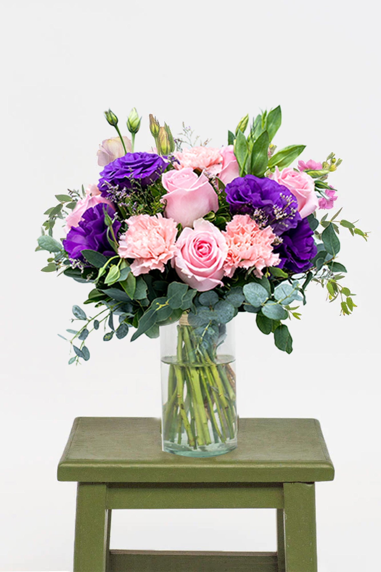 Nobleza - Rosa Clarita, Lisianthus Morado y Clavel Rosa