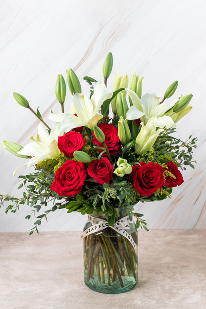Carmine / Red Roses and White Lilium