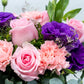 Nobleza - Rosa Clarita, Lisianthus Morado y Clavel Rosa