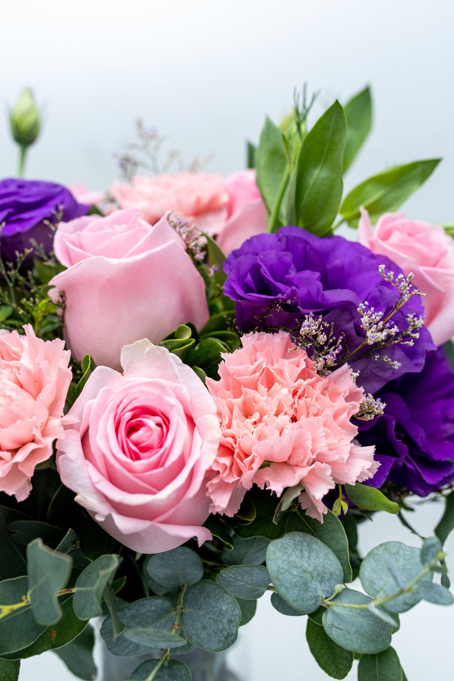 Nobleza - Rosa Clarita, Lisianthus Morado y Clavel Rosa