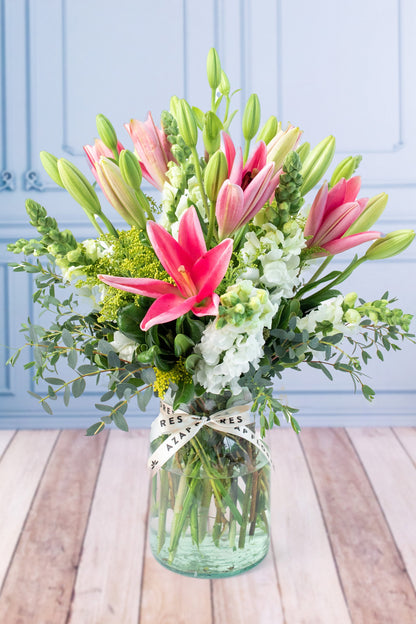 Landscape - Pink Lilium and White Dog