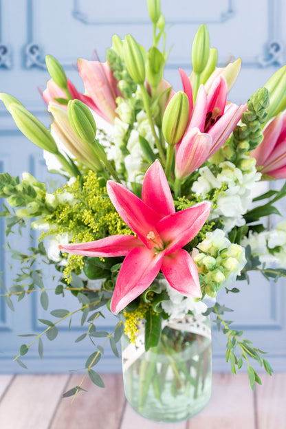 Landscape - Pink Lilium and White Dog